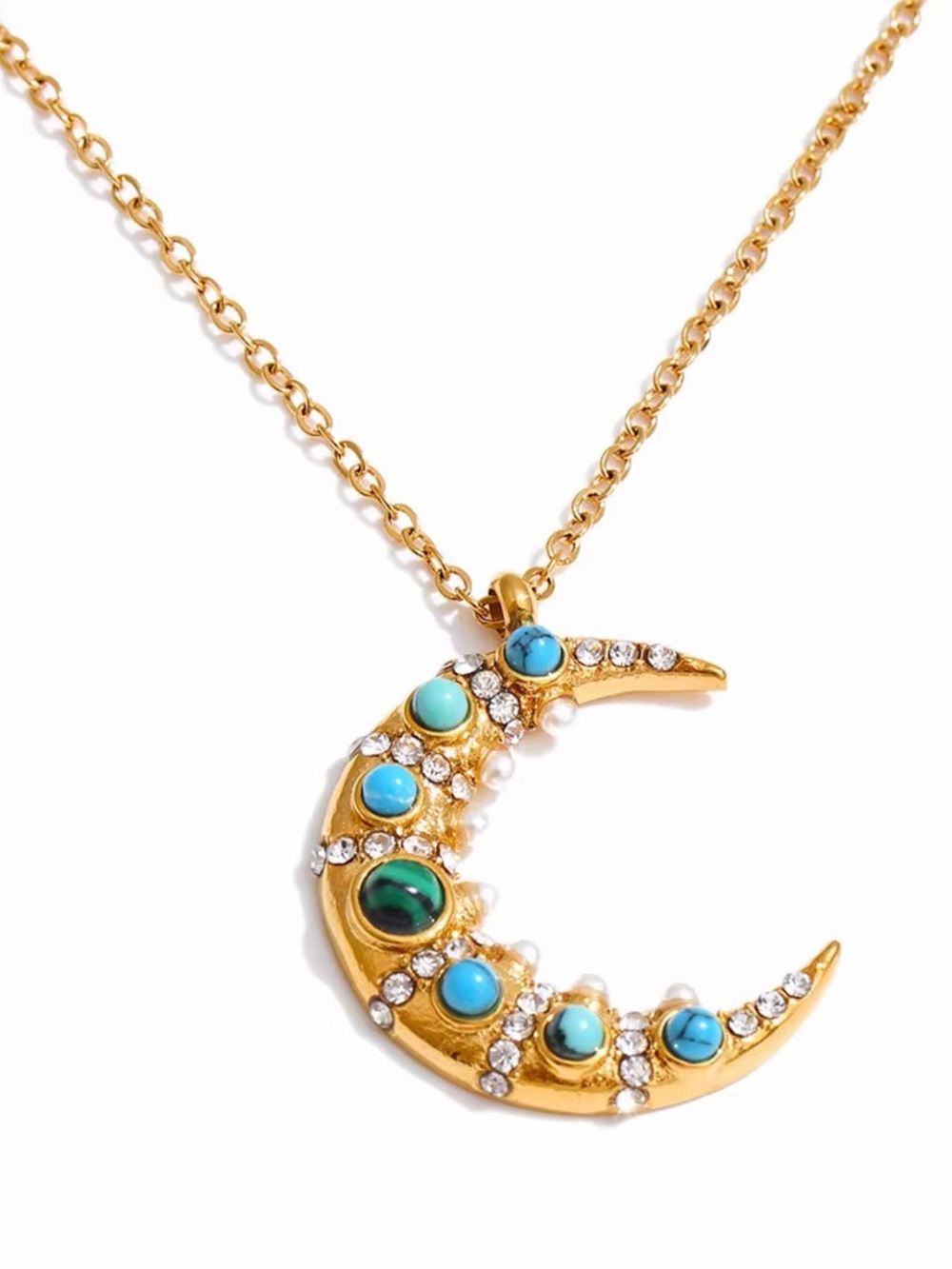 Moon Pendant Necklace |Turquoise,Malachite | 18K PVD Gold Plated Stainless Steel